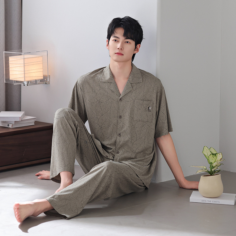 모달 옷깃 카디건 반팔 파자마 남자 여름 얇은 쿨 느슨한 플러스 사이즈 겉옷 세트