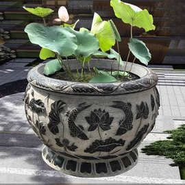 青石鱼莲浮雕荷花缸‌石雕鱼缸花盆水槽户外养鱼池水缸门海石雕