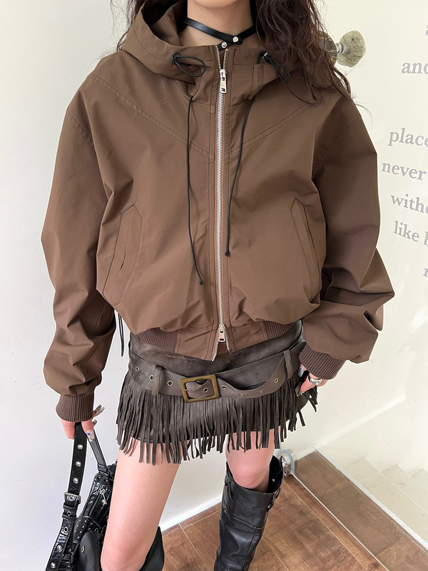 秋季立领连帽短款夹克蝙蝠袖潮流辣妹运动拉链抽绳短外套女85203|undefined