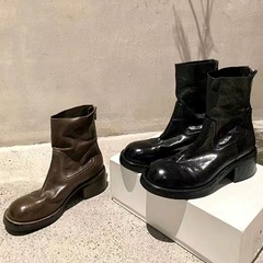 牛皮葡萄妈同款真皮厚底短靴女高跟靴子秋冬复古马丁靴粗跟瘦瘦靴