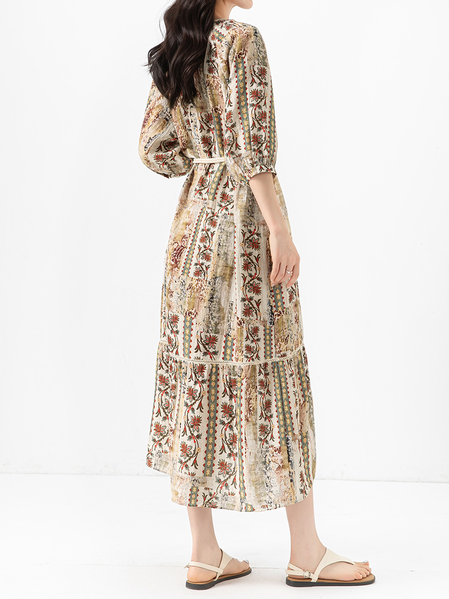 Váy maxi nữ phong cách Bohemian in hoa vải lanh dây thắt eo rộng rãi mùa hè — Màu cà phê