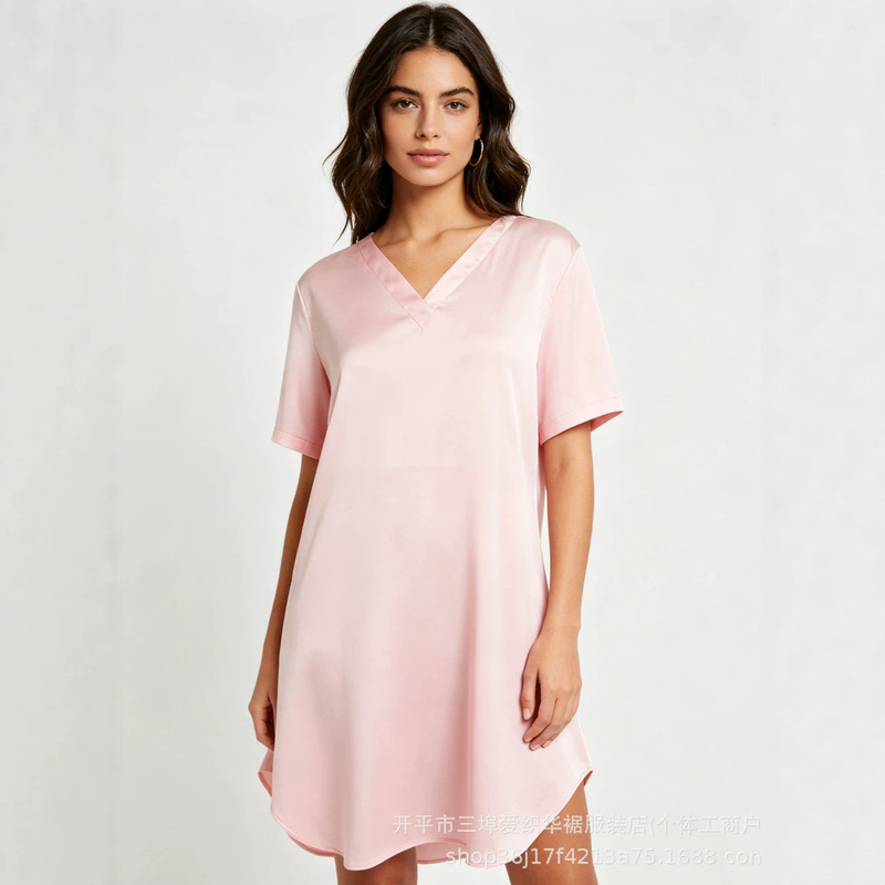 Amazon European and American Cross-Border Women's Summer Satin Imitation Silk V-Neck T-Shirt Loose Short-Sleeved Home Wear Comfortable