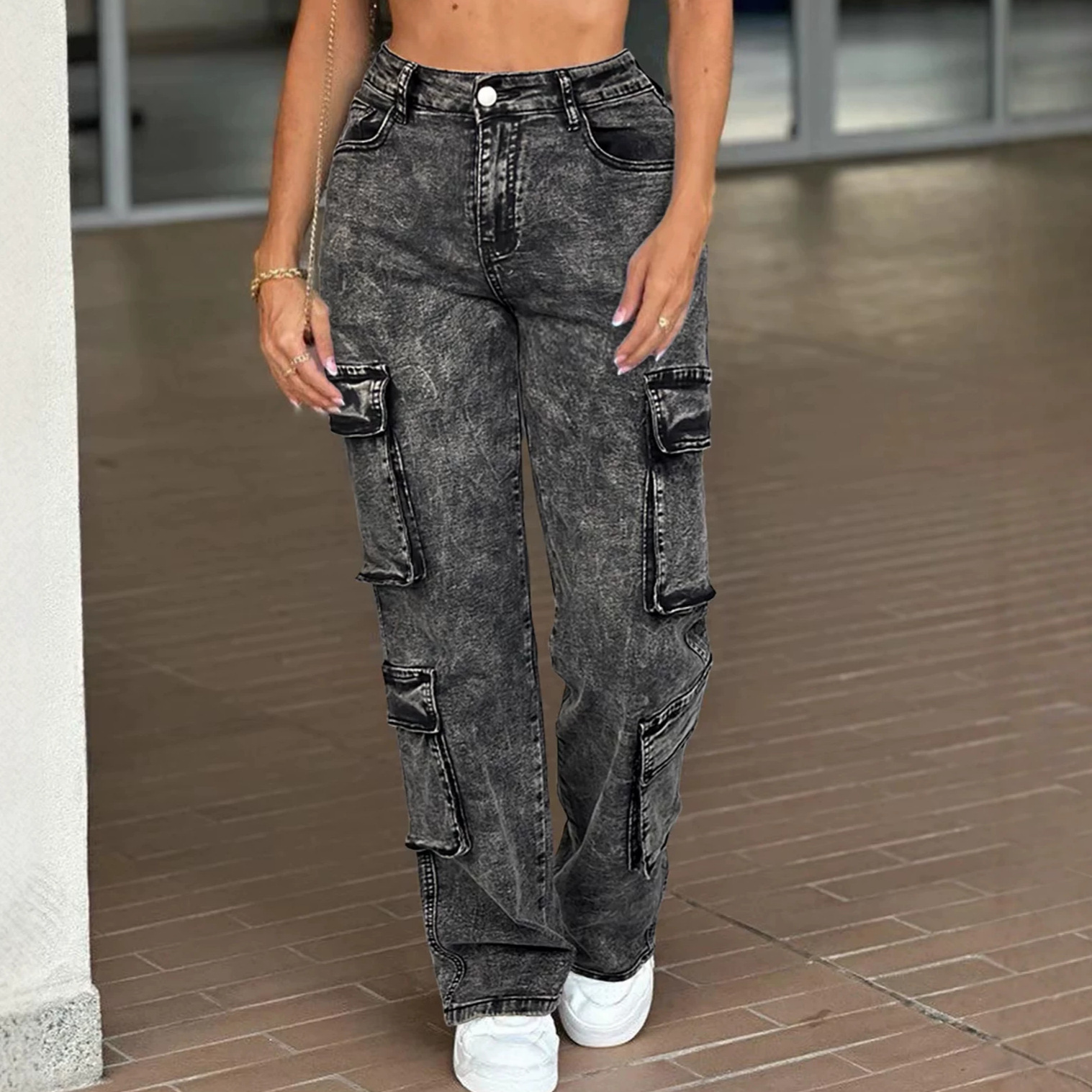 Women's High-Waisted Washed Retro Jeans Multi-Pocket Casual Cargo Pants For Foreign Trade Cross-Border Europe And America_ecoleips.com