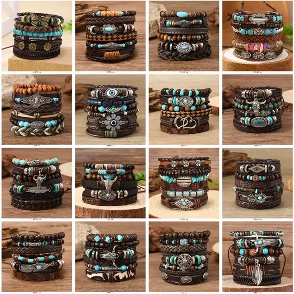 Cross-Border New Woven Bracelets for Couples, Leather Cow Head Flower Turquoise Stackable Bracelets, Chicken Wing Wood Coconut Shell Bracelets