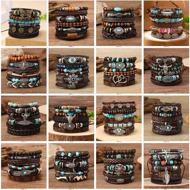 Cross-Border Hot Selling New Factory Spot Wholesale Leather Bull Head Small Flower Turquoise Chicken Wing Wood Coconut Shell Men's Bracelet Cross-Border Hot Selling New Factory Spot Wholesale Leather Bull Head Small Flower Turquoise Chicken Wing Wood Coconut Shell Men's Bracelet
