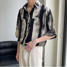夏季轻熟风斑马纹短袖衬衫男设计感韩版潮牌网红坠感豹纹冰丝衬衣