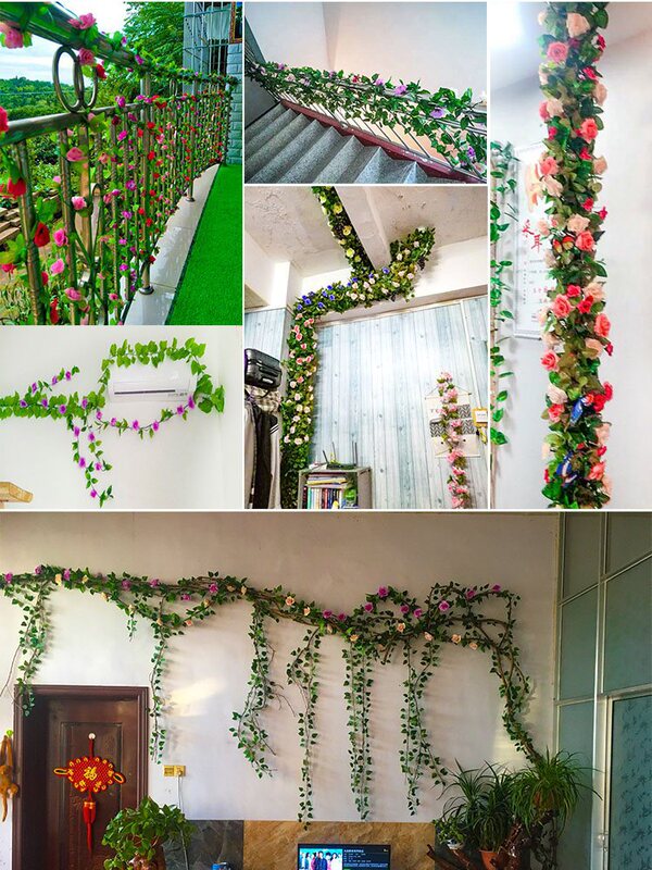 模擬バラの花の籐の天井装飾造花の蔓が暖房、エアコン、水道管をカバーし、プラスチック植物を巻き付ける|undefined