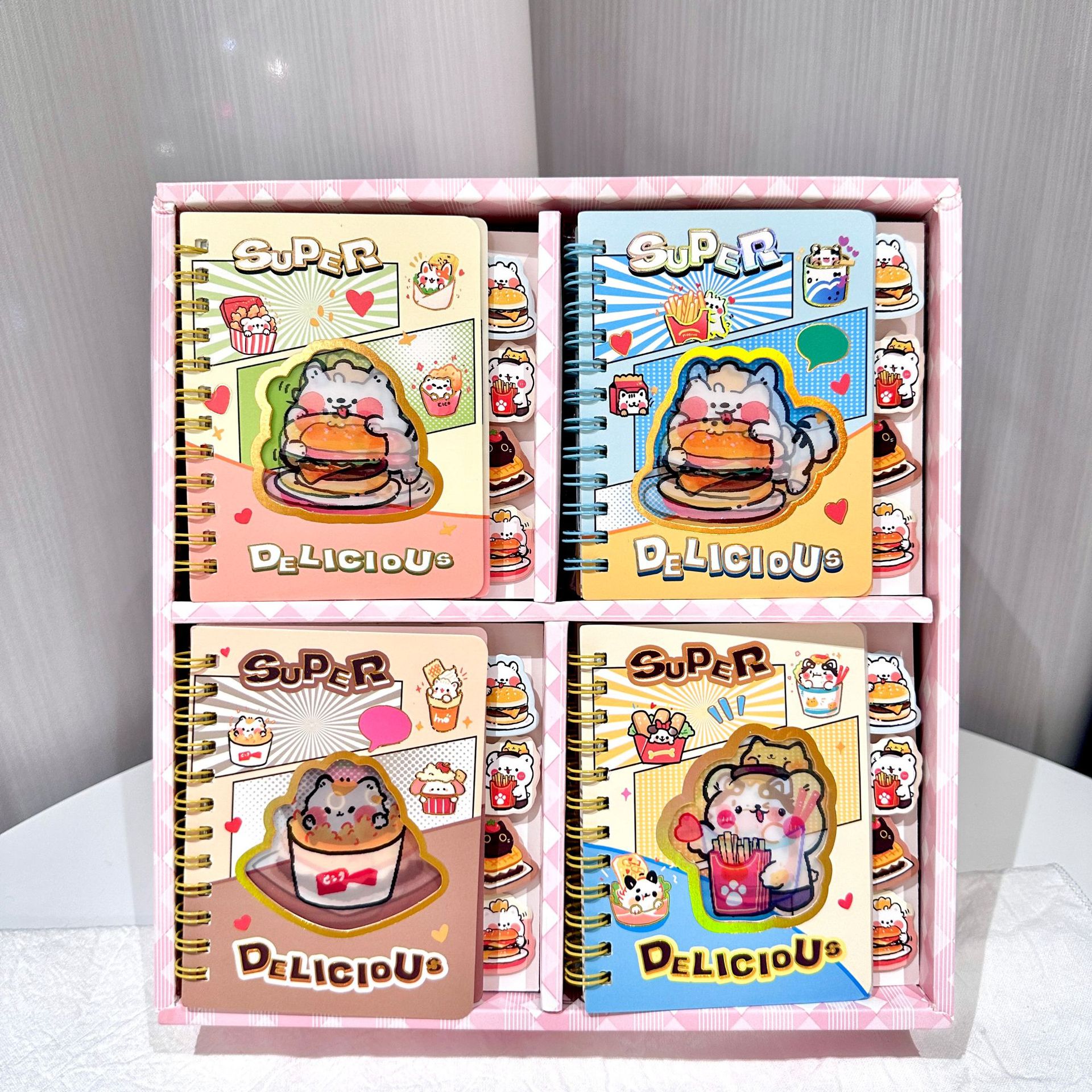 Libro de bobina de clasificación de rejilla de conejo A7 Libro de ventana creativa de conejo de hamburguesa súper delicioso Papelería de aprendizaje para estudiantes de primaria