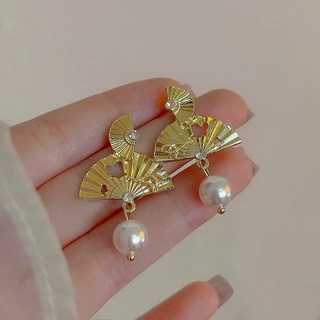 新中式镂空扇子珍珠耳坠女国风宫廷风复古高级感小众气质耳钉耳饰