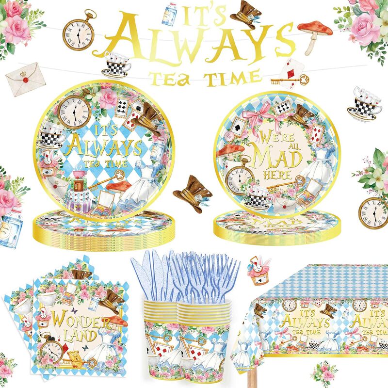 New Alice in Wonderland Tea Party Theme Party Tableware Atmosphere Decoration Paper Plate Paper Cup Paper Towel Knife and Fork