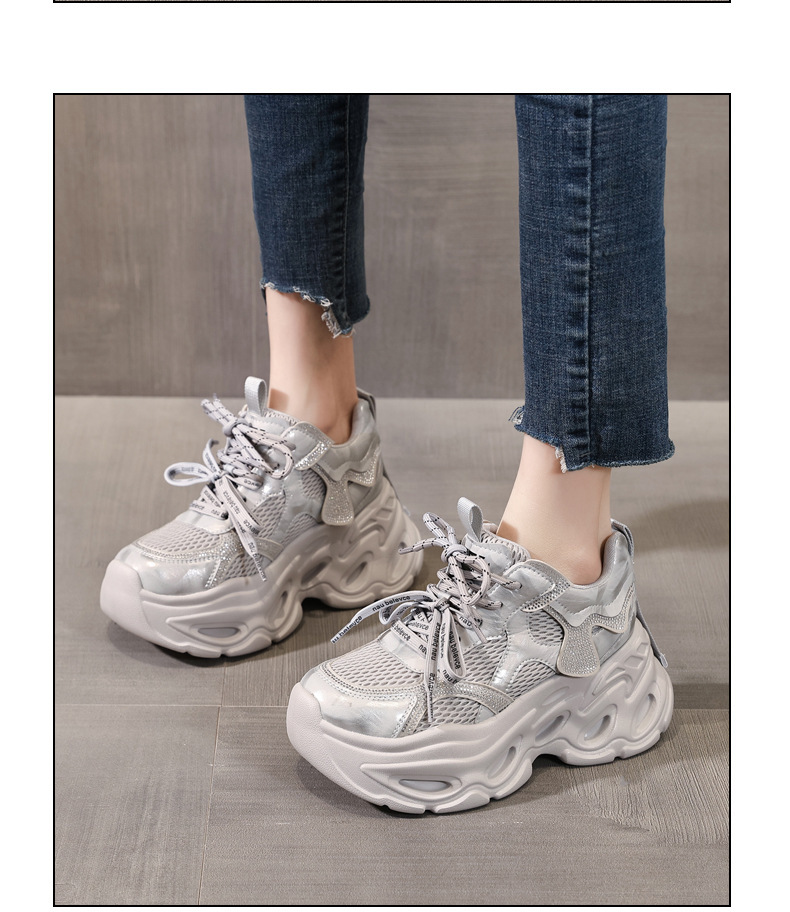 Giày sneaker nữ chunky đế dày tăng chiều cao, đính đá rhinestone, phong cách thể thao — Màu súng chi tiết 13