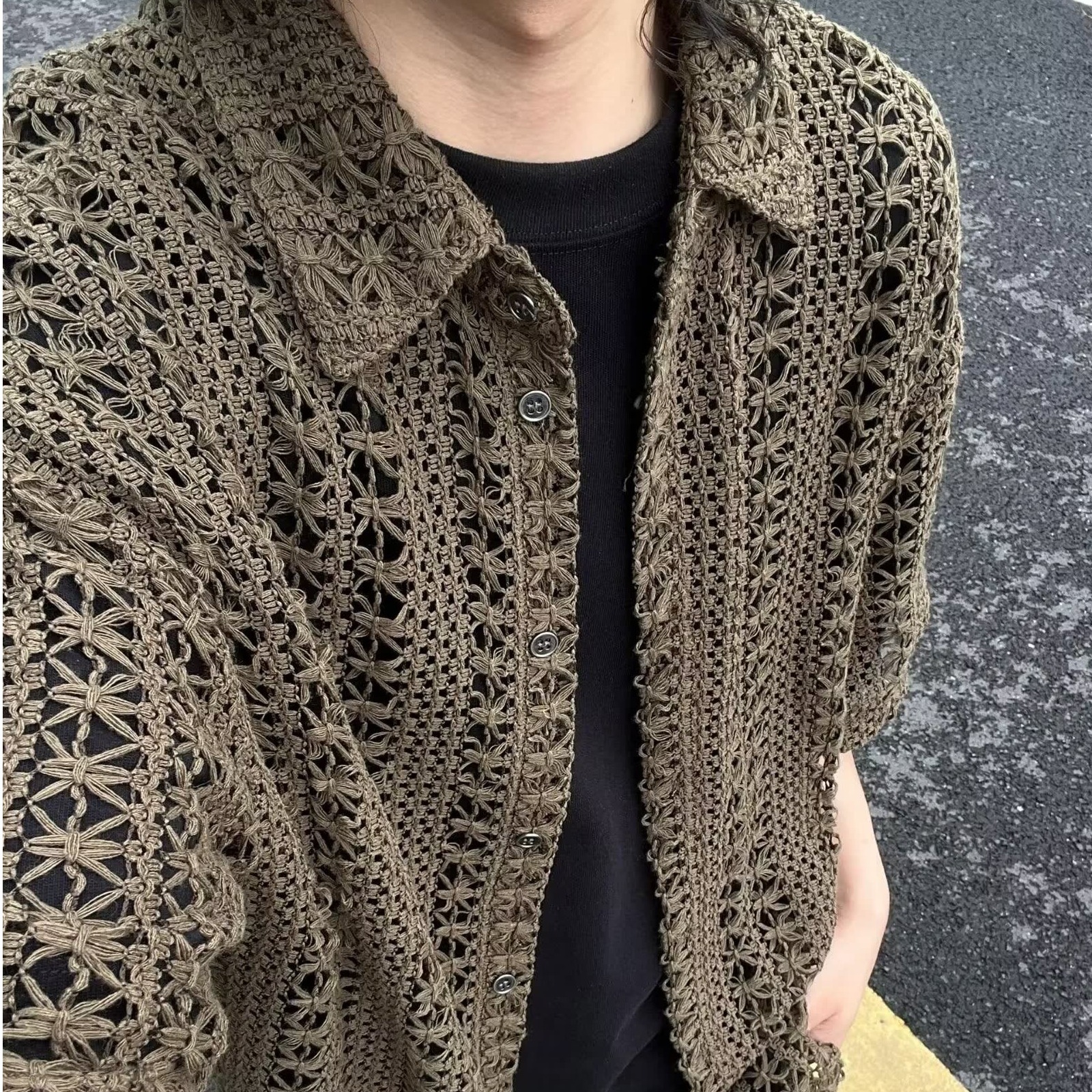 American Retro Hollow Knitted Short-Sleeved Men's Summer Thin Mesh Half-Sleeved Shirt Japanese Vintage Outer Cardigan