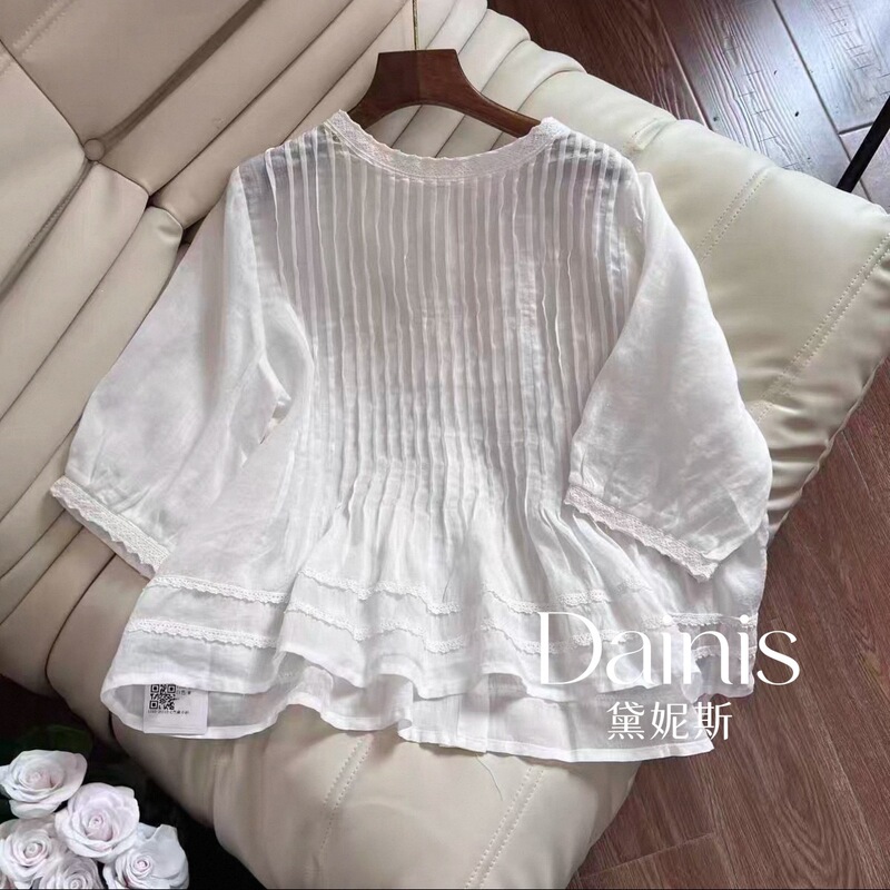 White Pleated Lace-Trimmed Three-Quarter Sleeve Top for Women, New Summer Style, Casual, Lazy Style, Loose, Slimming, Elegant Shirt