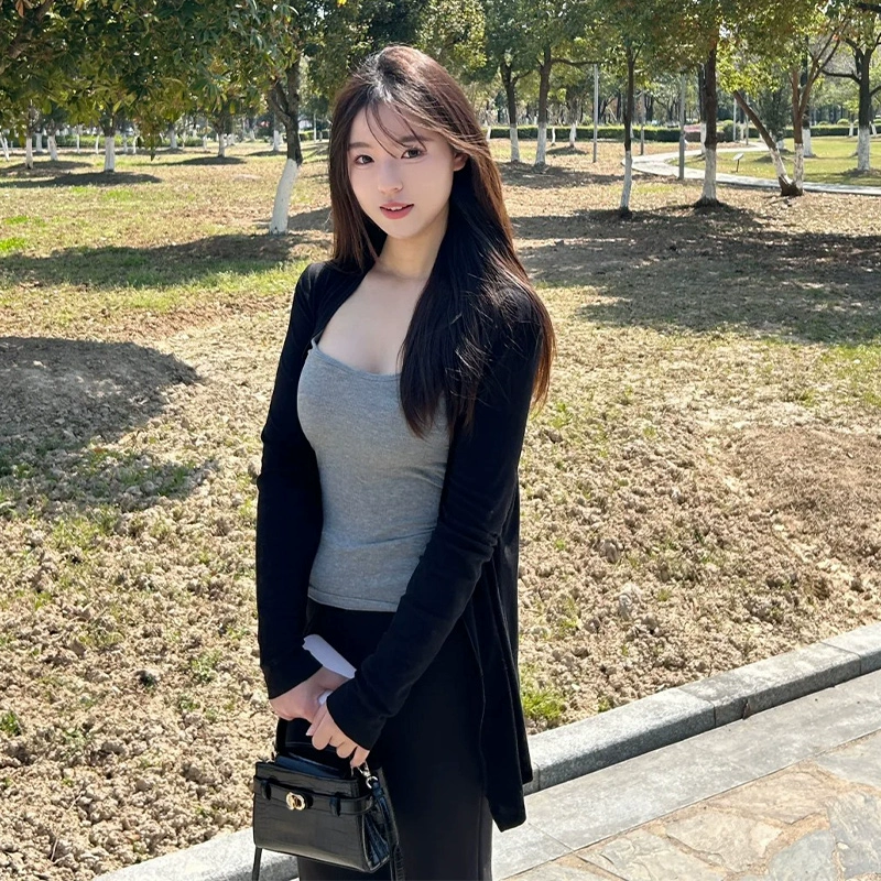 Черный солнцезащитный кардиган с подтяжками, летняя легкая блузка, тюлевой топ, тонкая трикотажная куртка, юбка, летняя одежда.