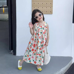 Korean Children's Summer Dress for Girls 2024, Backless Flower Print Long Vacation Princess Dress