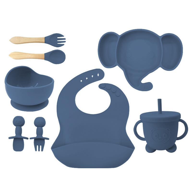 Plato de cena de silicona para niños tenedor cuchara traje de babero suministros maternos e infantiles traje de vajilla de alimentación infantil de grado alimenticio de silicona