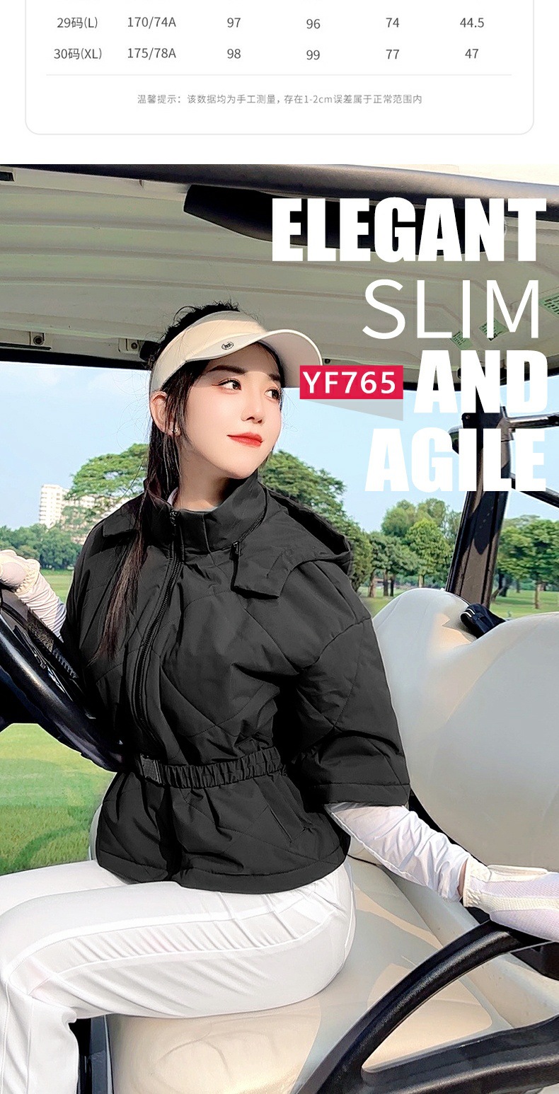 Áo khoác bông golf nữ chống gió mũ liền tháo rời dáng ngắn — YF765 [mũ chống gió và ấm/có thể tháo rời] áo khoác cotton ngắn màu trắng, YF765 [mũ chống gió và ấm/có thể tháo rời] áo khoác cotton ngắn màu đen chi tiết 5