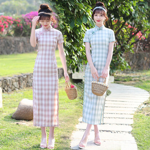Long single layer elastic cotton cheongsam art lattice retro national dress