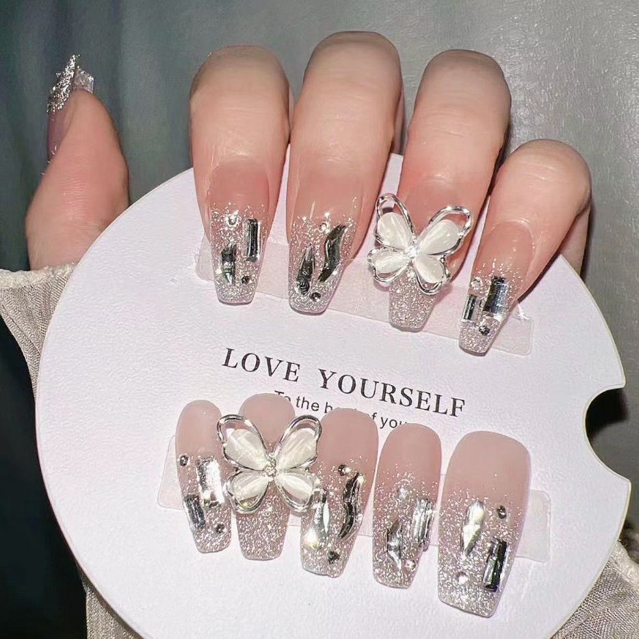 10 piezas de pajarita de manicura intermitente, uñas portátiles, uñas hechas a mano, uñas terminadas, parches largos de uñas falsas al por mayor