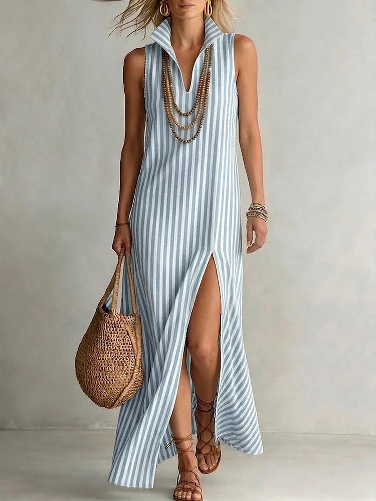 Women's Clothing Striped Stand Up Collar Sleeveless Slit Maxi Dress Women's For Formal & Casual For Women Printed V Neck_ecoleips.com