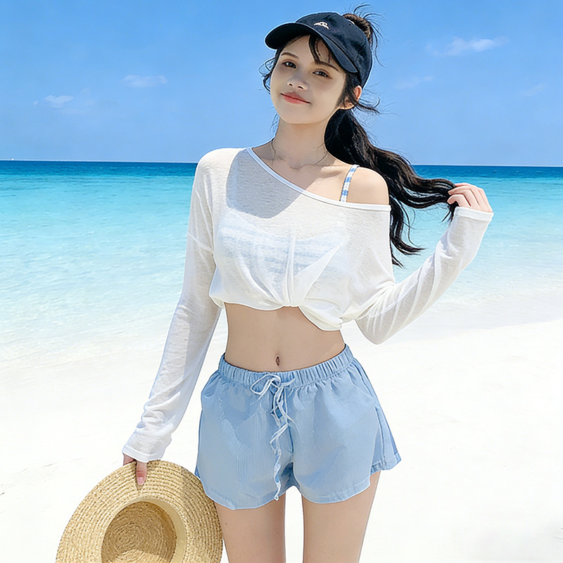 2026 Two-Piece Swimsuit for Women with Cover-Up, Blue Bikini, New Summer Style, Small Bust Push-Up, Beach Vacation Swimwear