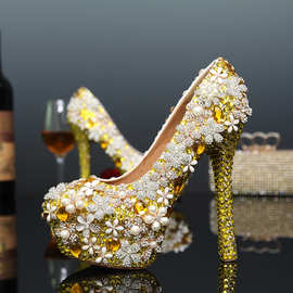 新款金色水钻珍珠花婚鞋浅口高跟新娘鞋 水晶礼服演出女鞋单