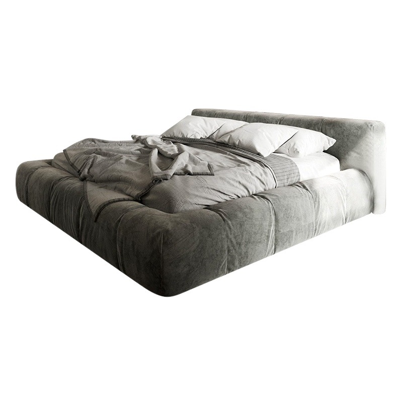 Cama doble con respaldo de tatami, estilo minimalista italiano, cama de terciopelo tecnológico para dormitorio, cama de matrimonio personalizada de madera maciza image 1
