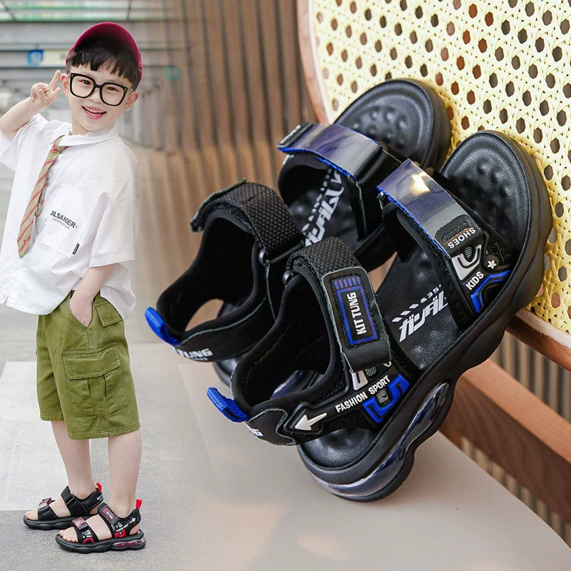 Сандалии для мальчиков 2023 Летняя новая стильная детская обувь среднего и большого размера Маленькие мальчики на воздушной подушке Пляжная обувь из воловьей кожи с мягкой подошвой Модная