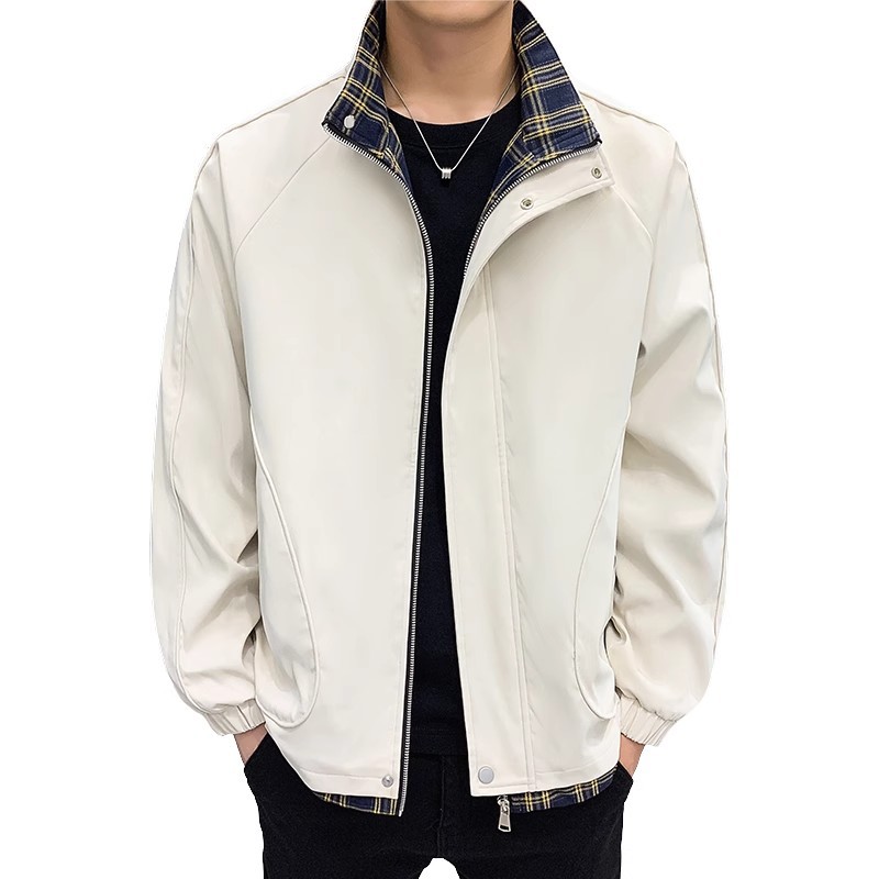 Herrenmantel Stehkragenjacke Herren Spleißen Frühling und Herbst Trend Lockerer lässiger Karomantel All Match Top Trend_voghion.com