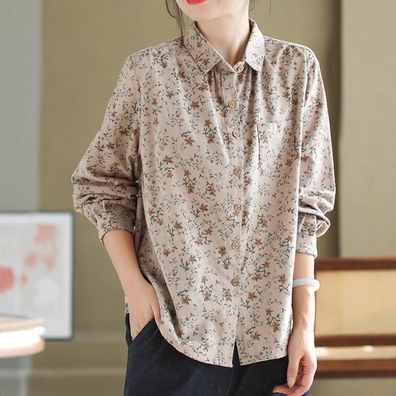 棉质磨毛碎花衬衫女长袖宽松显瘦 秋季新复古文艺减龄打底衬衣|undefined