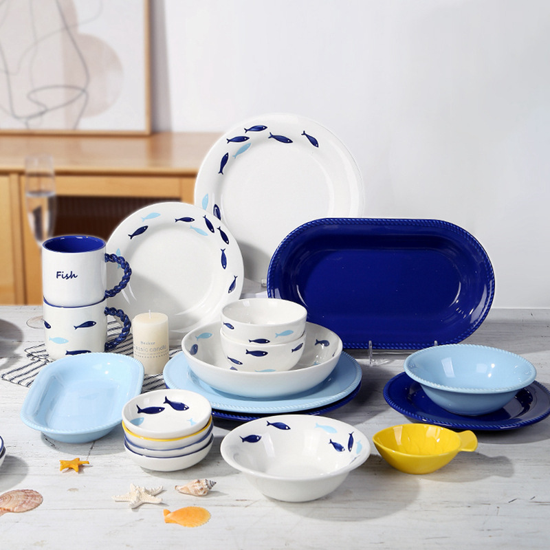 Mediterranean Ocean Ceramic Tableware Customized Small Fish Dishes and Bowls Set Home 8inch Flat Plate Deep Plate High-End Gift Box