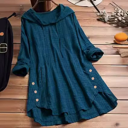 2023 Весна и Осень с капюшоном Внешняя торговля женская рубашка темпераментный хлопок конопля свободная тонкая рубашка с длинными рукавами