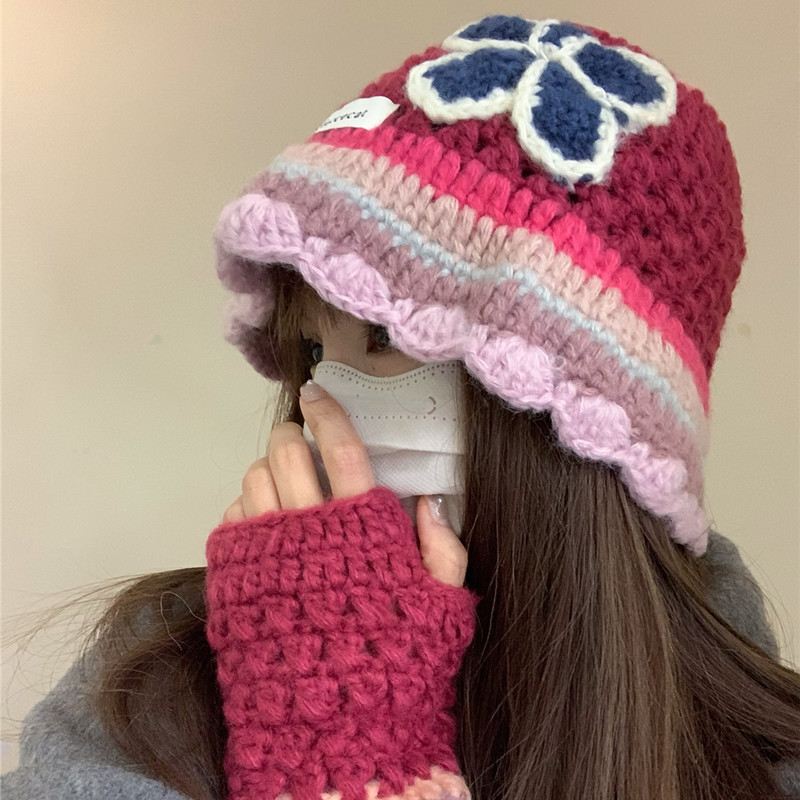colorful Floral Knit Fisherman's Hat, Suitable For Women, For Autumn And Winter, Sweet Bucket Hat, Suitable For Large Head Shapes._voghion.com