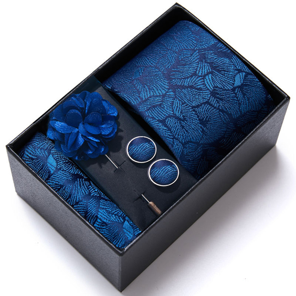 男性の新しい青いストライプのプリントネクタイのスカーフのカフスの胸の花のギフトボックスの包装の贈り物の佳品は祝日に適します。