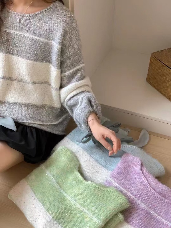 蝴蝶结亮片系带条纹套头毛衣女2025秋冬新款宽松设计感甜美针织衫|undefined
