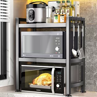 Telescopic microwave oven rack, retractable kitchen storage shelf, single/double layer with hooks