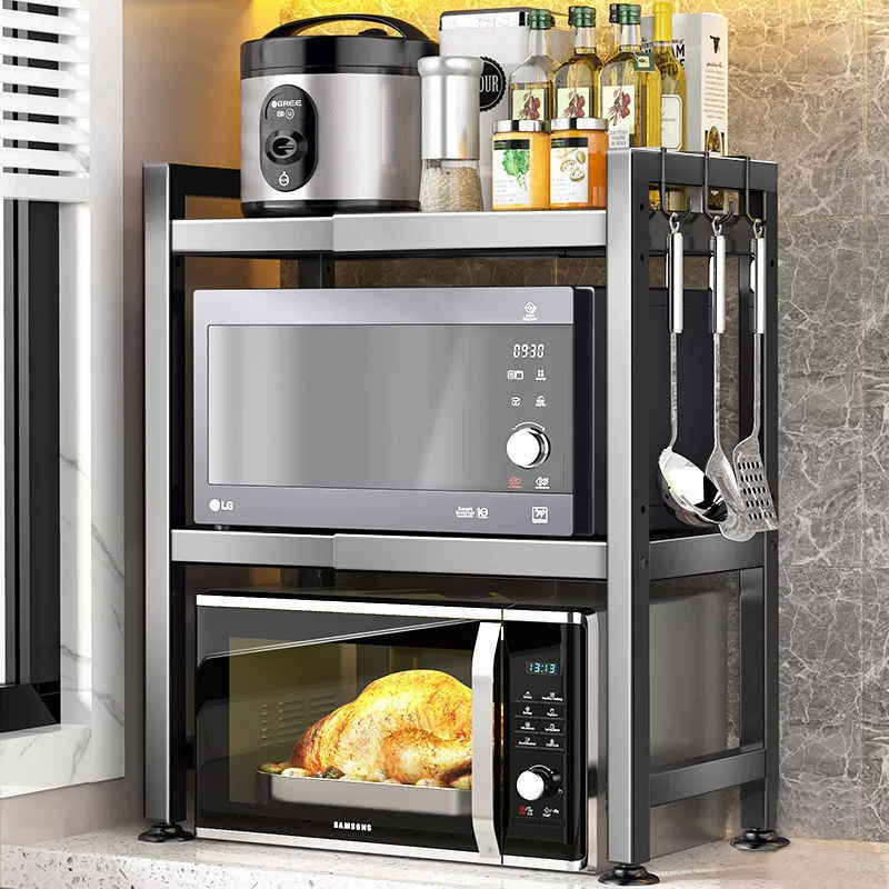 Telescopic microwave oven rack, retractable kitchen storage shelf, single/double layer with hooks