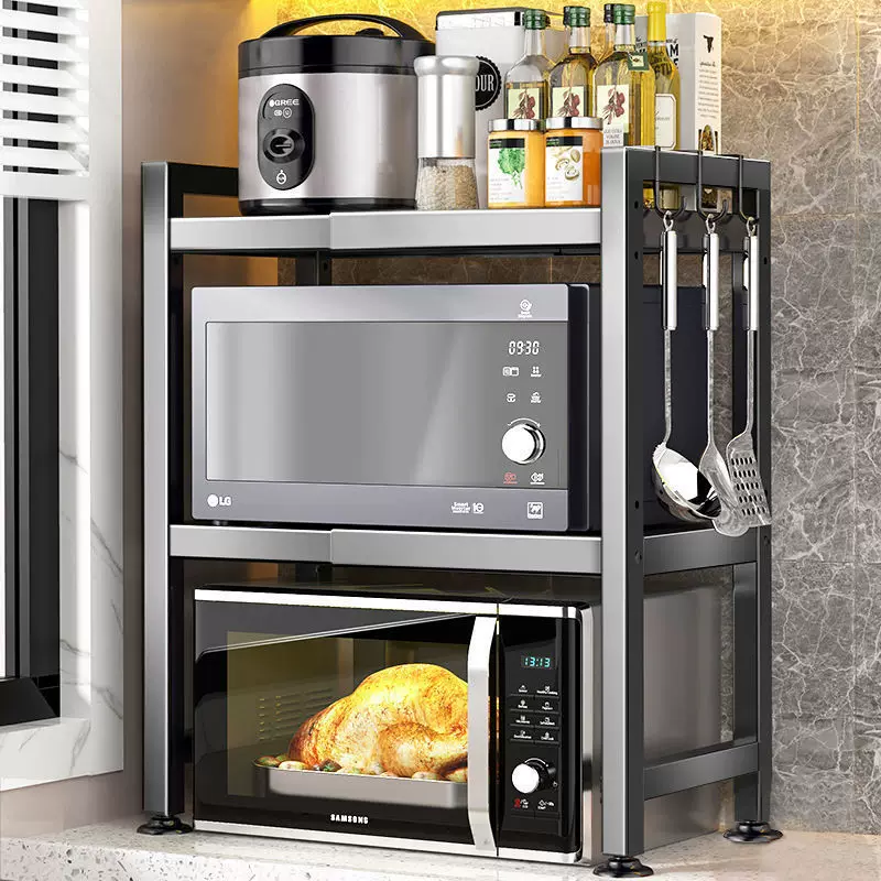 Telescopic microwave oven rack, retractable kitchen storage shelf, single/double layer with hooks