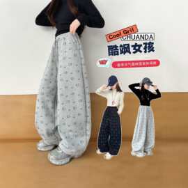 女童春秋款卡通猫咪图案阔腿裤宽松休闲长裤中大童高腰垂感卫裤