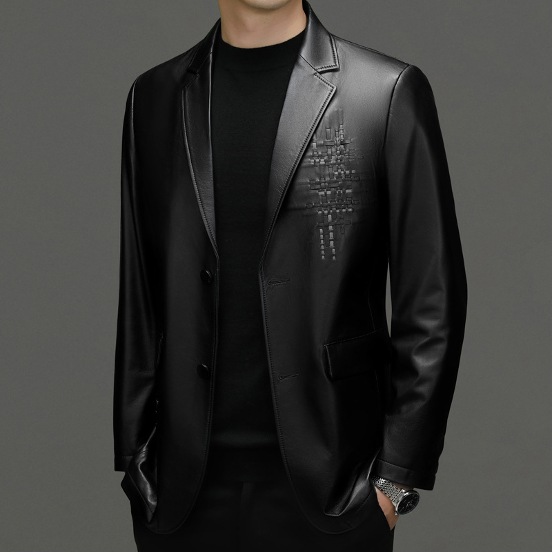 Haining Genuine Leather Jacket Men's Top Layer Cowhide Fashion Casual Middle-aged Suit Collar Spring And Autumn Jacket Men's Tops