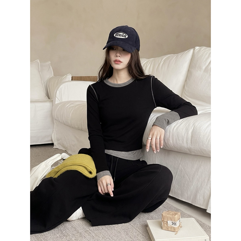 【歌铭】秋季女装新款上衣拼接假两件打底衫女内搭长袖t恤女SN664