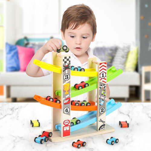 Infant educational early education children's toys multi-layer track sliding building blocks small train wooden glider car track car