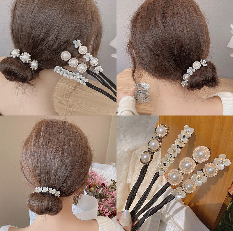 Pearl Flower Disk Hairpin Bun Headband, Lazy Flower Bud Hairstyle Gadget, Internet Celebrity Fluffy Retro Hair Accessory Braided Hair