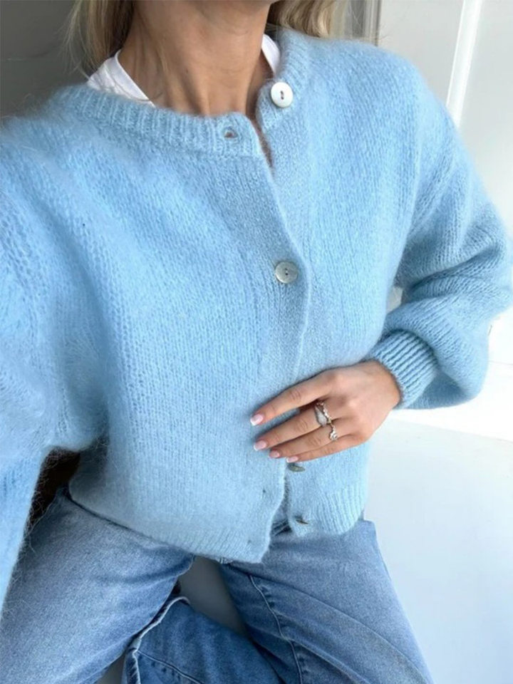 Áo cardigan len dệt kim dáng mỏng nhẹ cài nút một hàng, tay dài cổ tròn nữ — hoa hồng đỏ, màu be, màu cam, màu hoa cà chi tiết 104