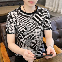 外贸男装夏季新款圆领花色短袖T恤潮青少年男士修身花色套头上衣