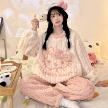 珊瑚绒睡衣冬季新款双长圆领麦穗花保暖柔软舒适睡衣可爱卡通绣花