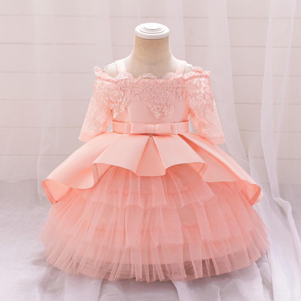 Nuevos productos transfronterizos vestidos de niñas con una línea de hombro, pastel de malla, vestido de aniversario de bebé, vestido de princesa