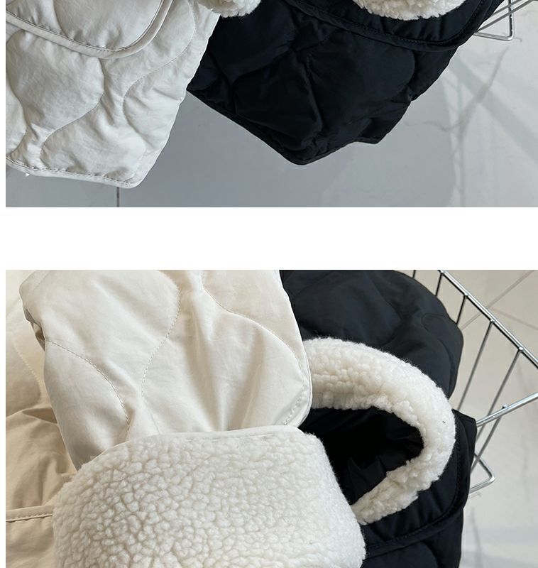 Collarless lamb wool splicing light and thin winter Korean version loose small fragrant dia plaid warm cotton jacket_voghion.com