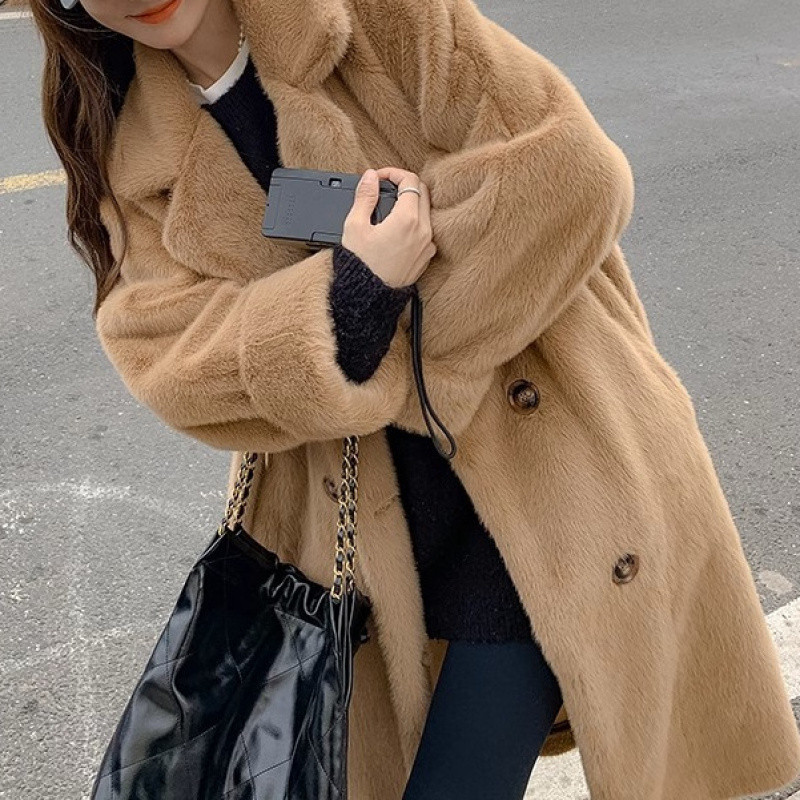 두꺼운 긴 세트 목걸이 모조 밍크 캐시미어 재킷 유행 모피 원피스 모피 친환경 가죽 여성의 가을과 겨울 2025