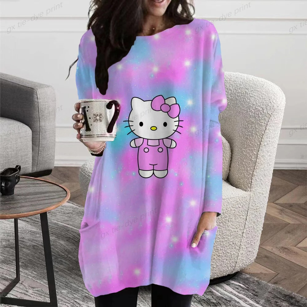 2023跨境亚马逊长袖kitty猫女士打底衫时尚休闲长款T恤一件代发